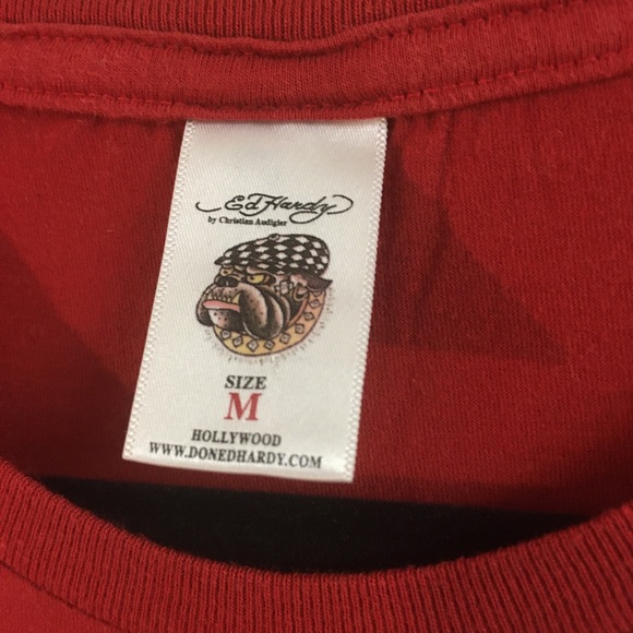 Ed Hardy Graphic T Shirt Size Medium Rhinestone Japanese Geisha Red Y2K Vintage - Picture 3 of 5